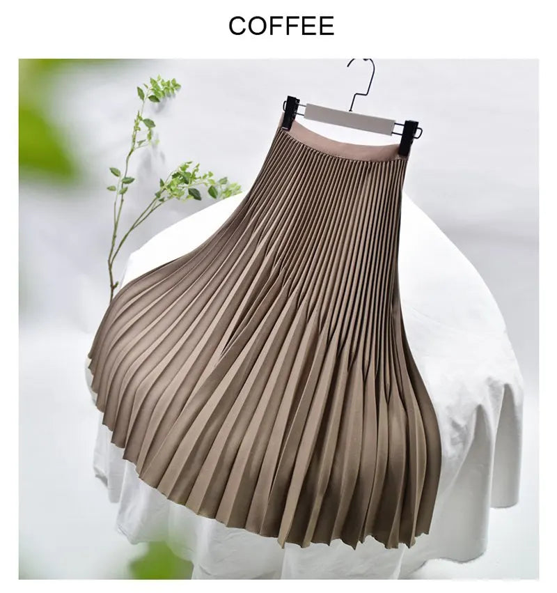 Women's Elegant Solid Color Midi Skirt Korean Female High Waist Fan-shaped Pleated Twill Skirts Faldas 2021 Summer Autumn Sk772