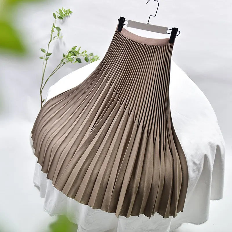 Women's Elegant Solid Color Midi Skirt Korean Female High Waist Fan-shaped Pleated Twill Skirts Faldas 2021 Summer Autumn Sk772