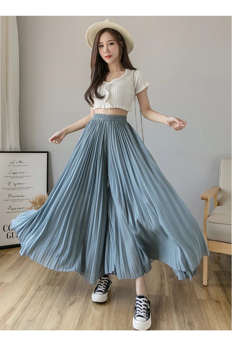 Plus size 6xl Pleated Chiffon Wide Leg Pants Women's High Waist 2023 Summer New Korean Loose Thin Beach Nine Cents Female Hakama
