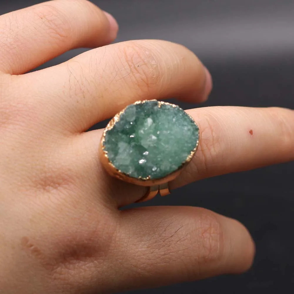 Natural Druzy Agates Rings Diamon-Studded Open Finger Rings Irregular Charm Rings for Women Men Party Wedding Jewelry
