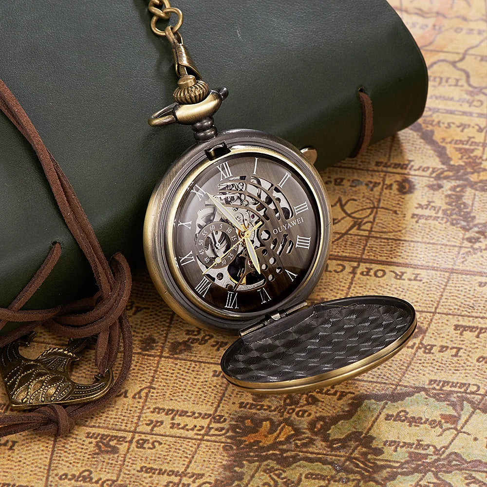 New OYW Brand Stainless Steel Men Fashion Casual Pocket Watch Skeleton dial Silver Hand Wind Mechanical Male Fob Chain Watches