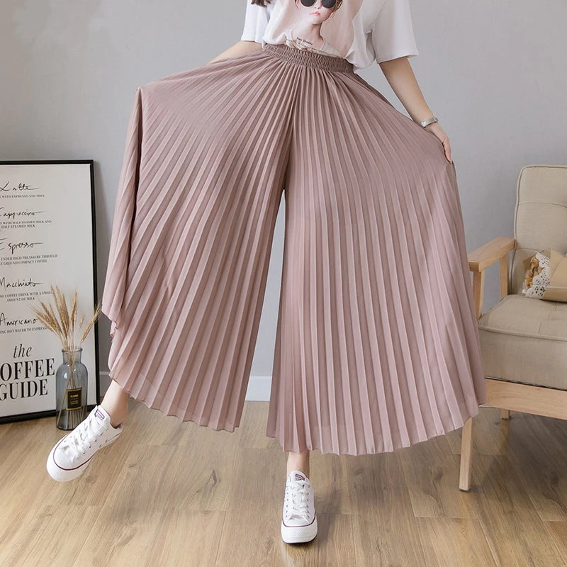 Plus size 6xl Pleated Chiffon Wide Leg Pants Women's High Waist 2023 Summer New Korean Loose Thin Beach Nine Cents Female Hakama