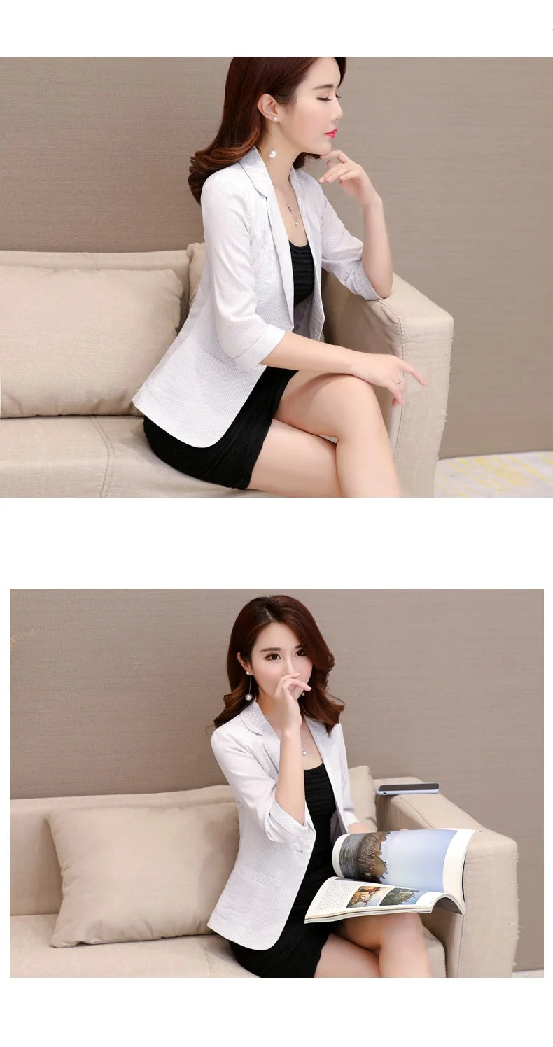 Elegant Women's Stripe 3/4 sleeve Suit Jacket 2025 Spring Summer Thin Slim Outwear Single button Female Office Blazer Coat Tops