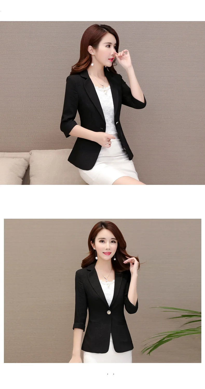 Elegant Women's Stripe 3/4 sleeve Suit Jacket 2025 Spring Summer Thin Slim Outwear Single button Female Office Blazer Coat Tops