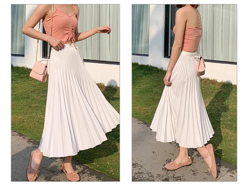Women's Elegant Solid Color Midi Skirt Korean Female High Waist Fan-shaped Pleated Twill Skirts Faldas 2021 Summer Autumn Sk772