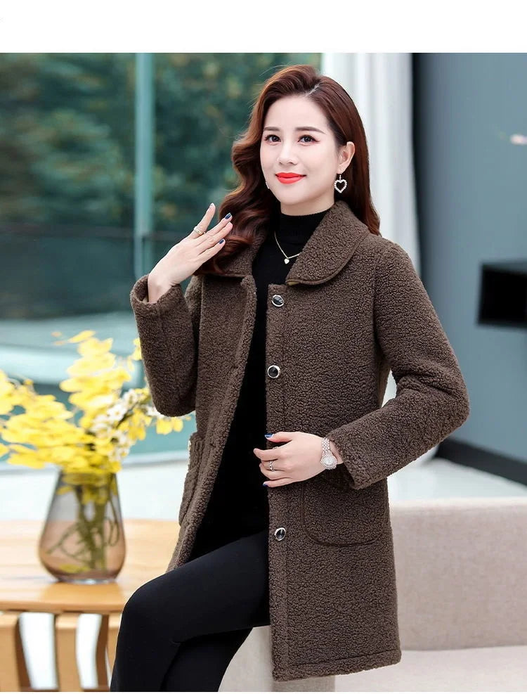 Middle-aged Mothers Faux lamb Wool Coat 2024 Autumn Winter Loose Long-sleeve Outerwear Solid Female Jacket Parkas Casual Tops
