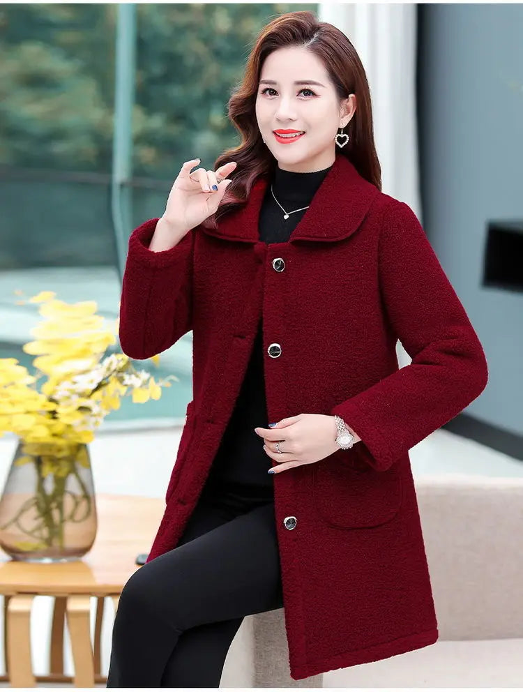 Middle-aged Mothers Faux lamb Wool Coat 2024 Autumn Winter Loose Long-sleeve Outerwear Solid Female Jacket Parkas Casual Tops