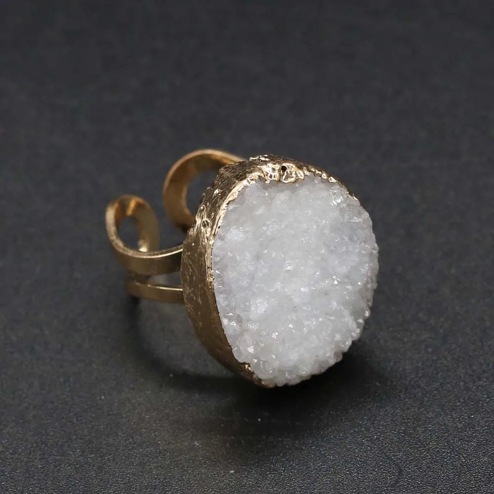 Natural Druzy Agates Rings Diamon-Studded Open Finger Rings Irregular Charm Rings for Women Men Party Wedding Jewelry