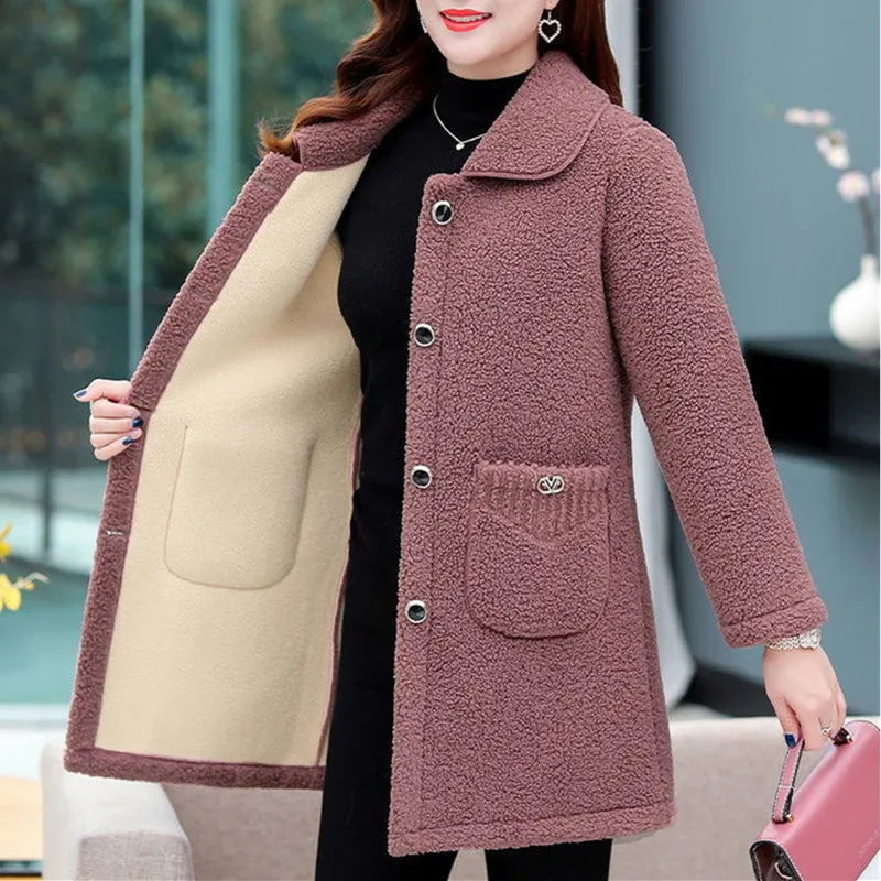 Middle-aged Mothers Faux lamb Wool Coat 2024 Autumn Winter Loose Long-sleeve Outerwear Solid Female Jacket Parkas Casual Tops