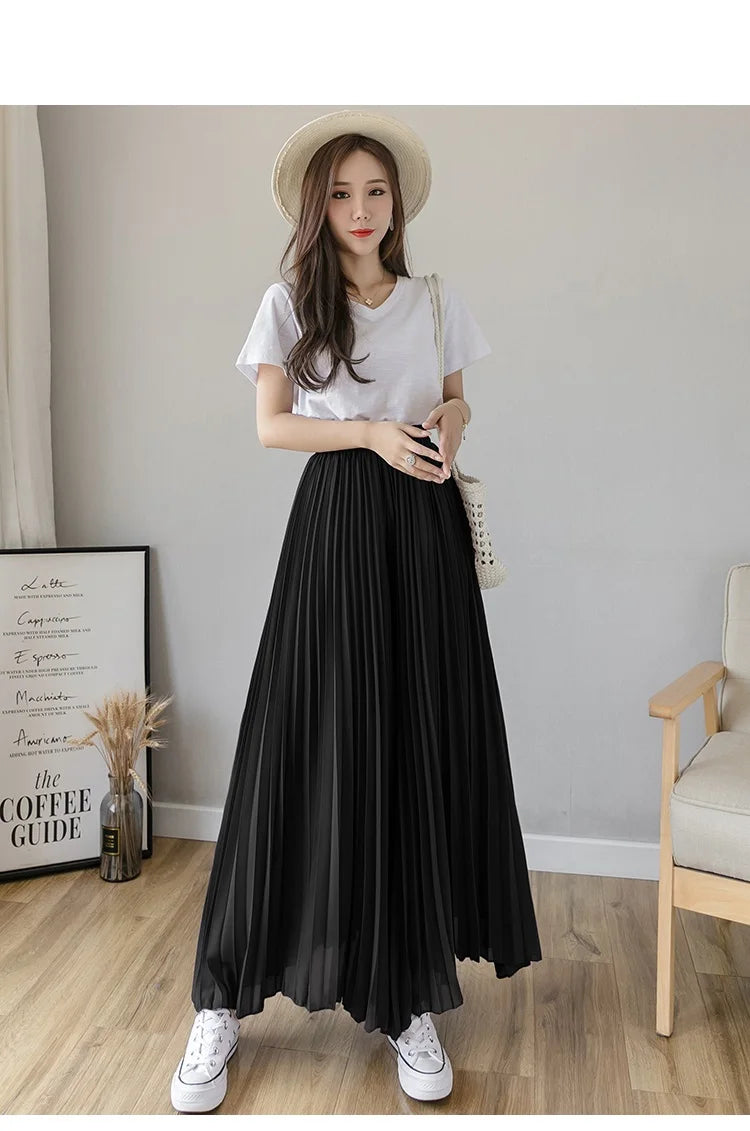 Plus size 6xl Pleated Chiffon Wide Leg Pants Women's High Waist 2023 Summer New Korean Loose Thin Beach Nine Cents Female Hakama