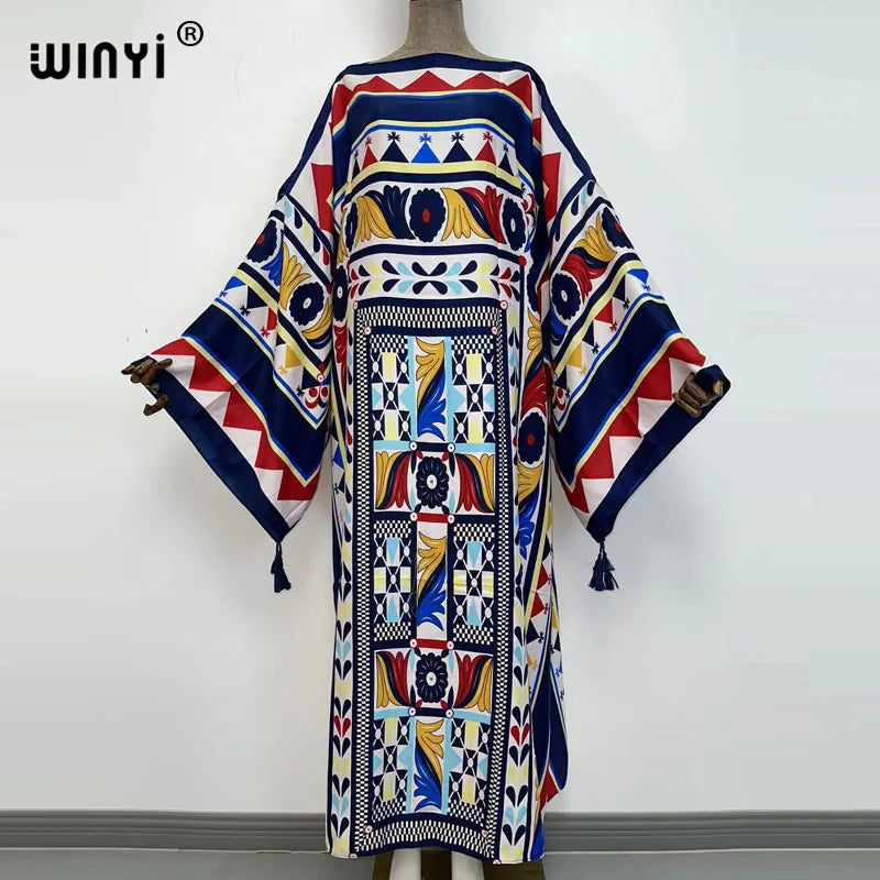WINYI Cotton feeling robe longue hiver Elegant Long Sleeve african dresses for women Stripe Print Female dresses Vestdios abaya