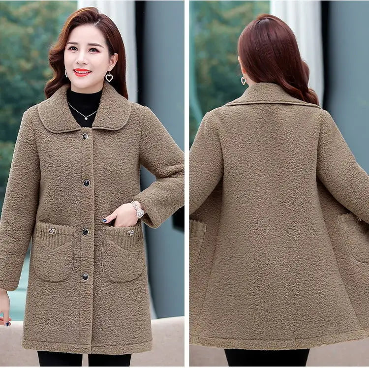 Middle-aged Mothers Faux lamb Wool Coat 2024 Autumn Winter Loose Long-sleeve Outerwear Solid Female Jacket Parkas Casual Tops