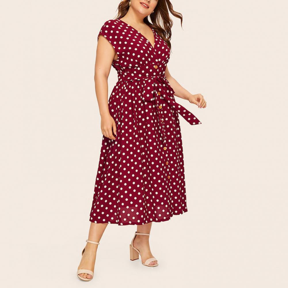 Women Plus Size Dress Polka Dot Print V Neck  Summer Single-breasted Sleeveless Large Hem Dress платье женское vestido mujer