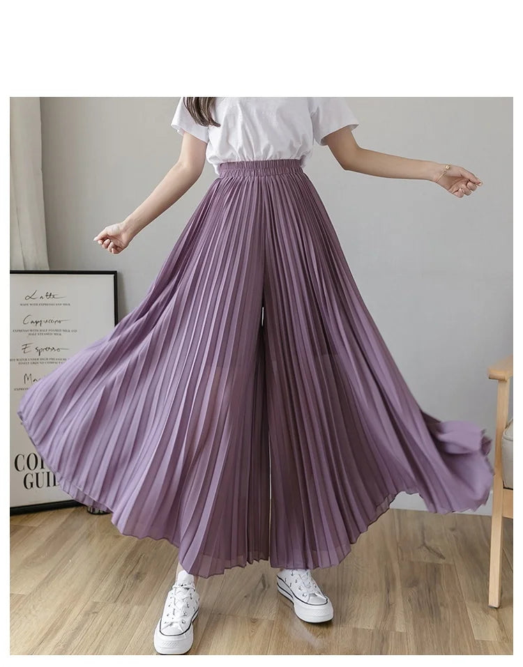 Plus size 6xl Pleated Chiffon Wide Leg Pants Women's High Waist 2023 Summer New Korean Loose Thin Beach Nine Cents Female Hakama