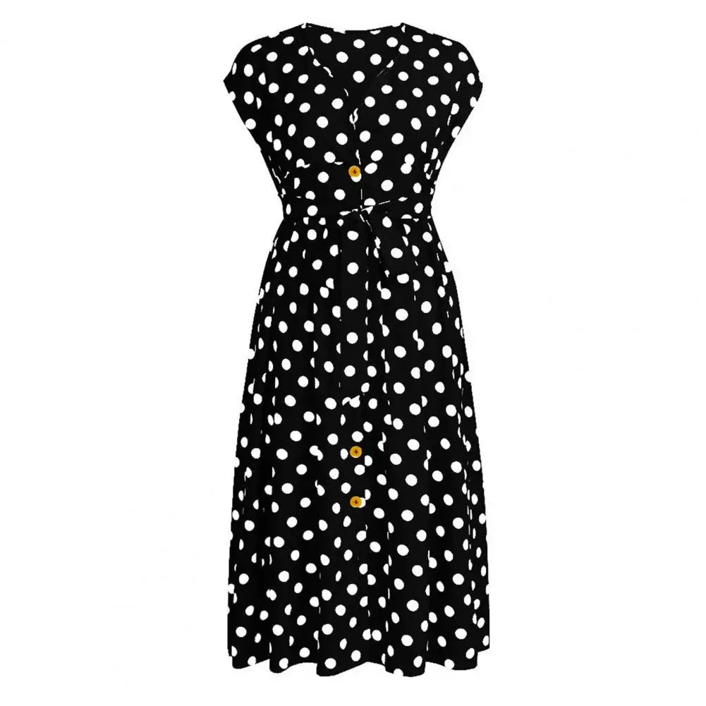 Women Plus Size Dress Polka Dot Print V Neck  Summer Single-breasted Sleeveless Large Hem Dress платье женское vestido mujer