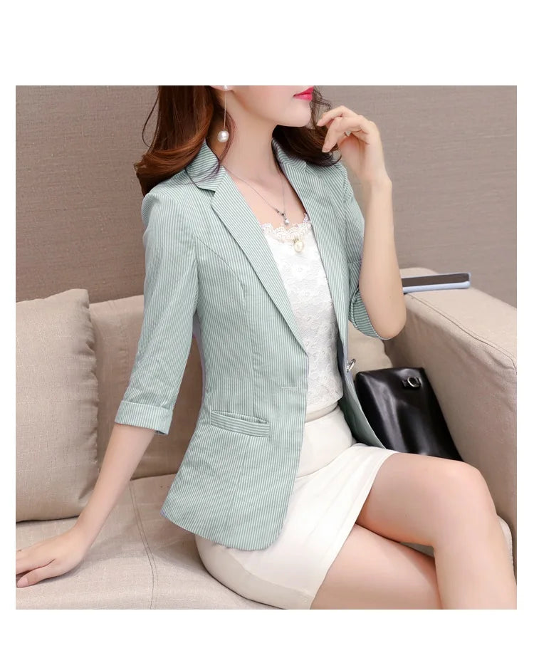 Elegant Women's Stripe 3/4 sleeve Suit Jacket 2025 Spring Summer Thin Slim Outwear Single button Female Office Blazer Coat Tops