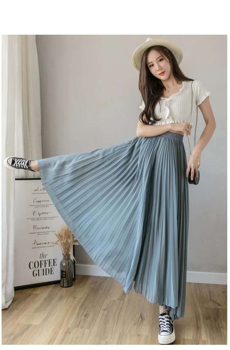 Plus size 6xl Pleated Chiffon Wide Leg Pants Women's High Waist 2023 Summer New Korean Loose Thin Beach Nine Cents Female Hakama