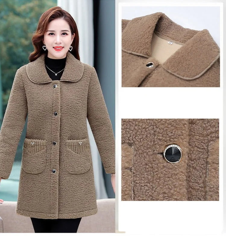 Middle-aged Mothers Faux lamb Wool Coat 2024 Autumn Winter Loose Long-sleeve Outerwear Solid Female Jacket Parkas Casual Tops