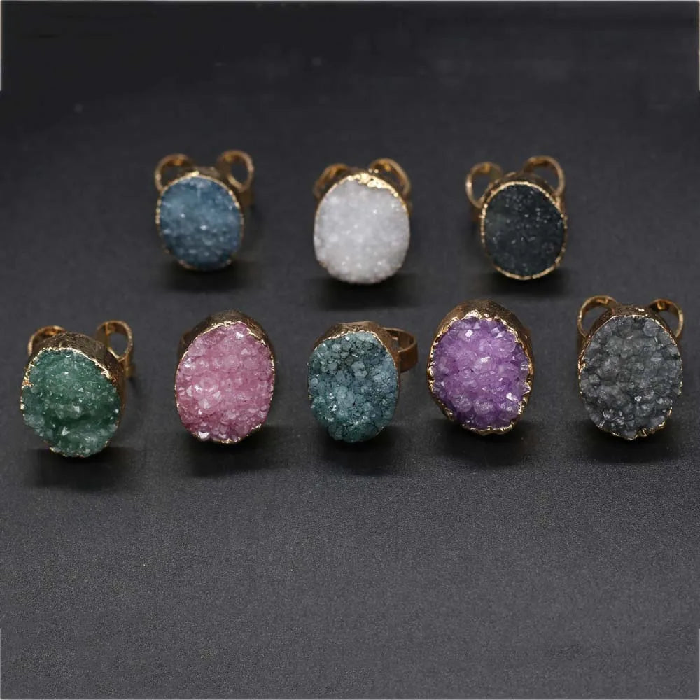 Natural Druzy Agates Rings Diamon-Studded Open Finger Rings Irregular Charm Rings for Women Men Party Wedding Jewelry