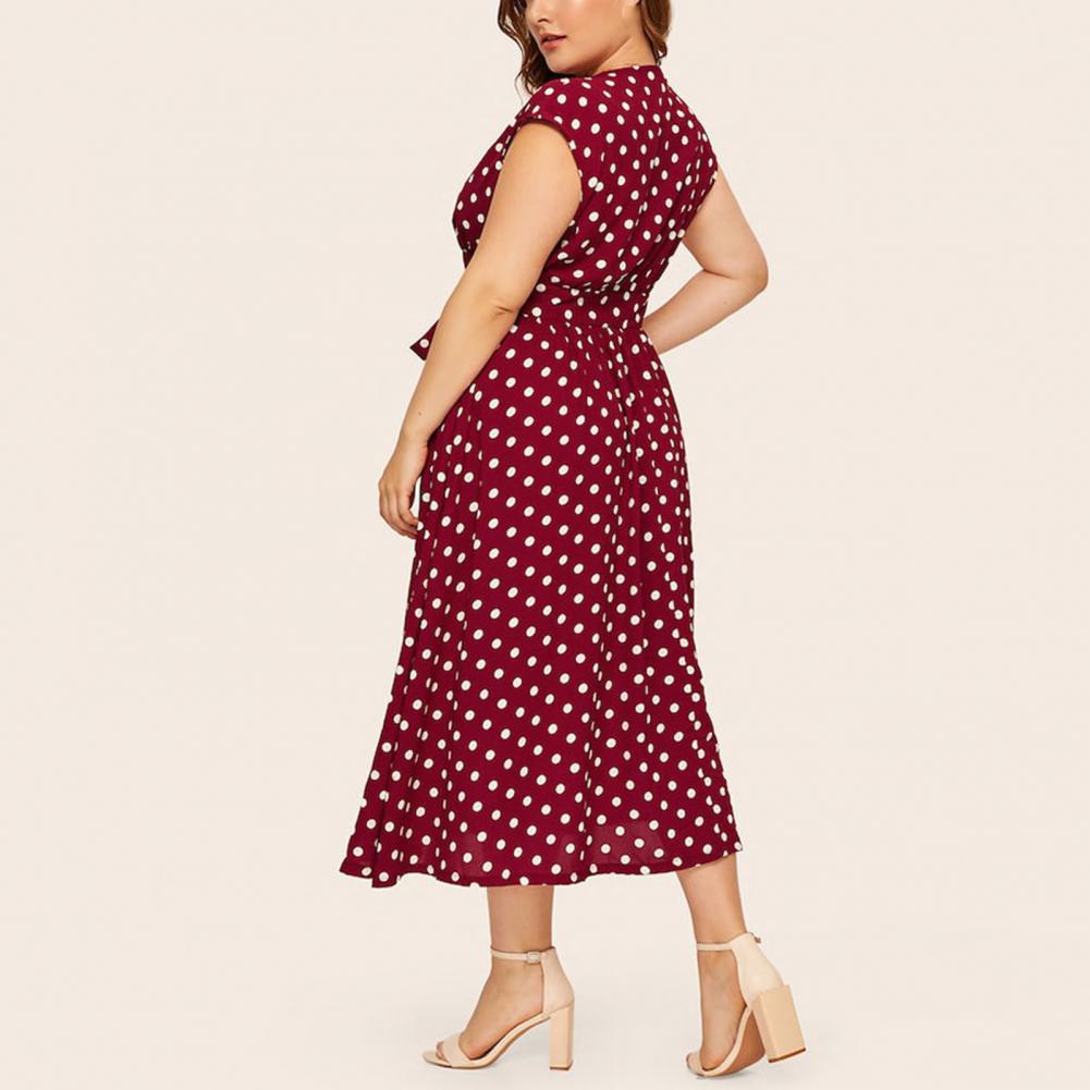 Women Plus Size Dress Polka Dot Print V Neck  Summer Single-breasted Sleeveless Large Hem Dress платье женское vestido mujer