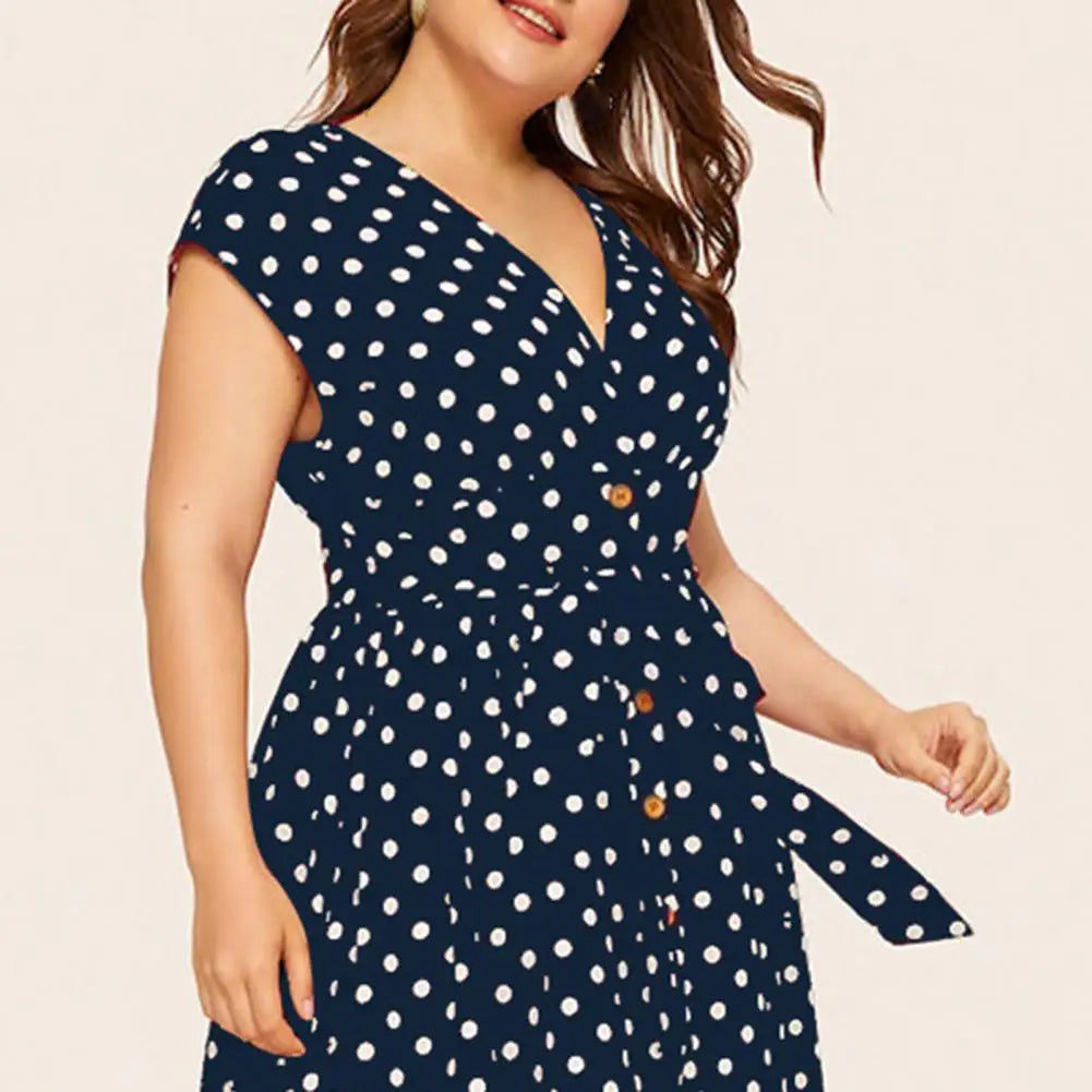 Women Plus Size Dress Polka Dot Print V Neck  Summer Single-breasted Sleeveless Large Hem Dress платье женское vestido mujer