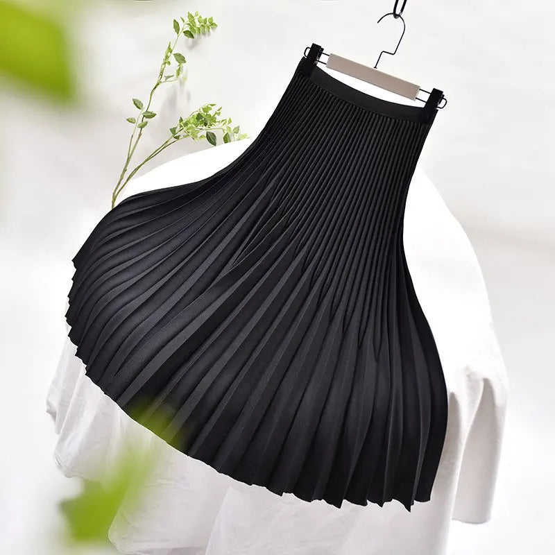 Women's Elegant Solid Color Midi Skirt Korean Female High Waist Fan-shaped Pleated Twill Skirts Faldas 2021 Summer Autumn Sk772