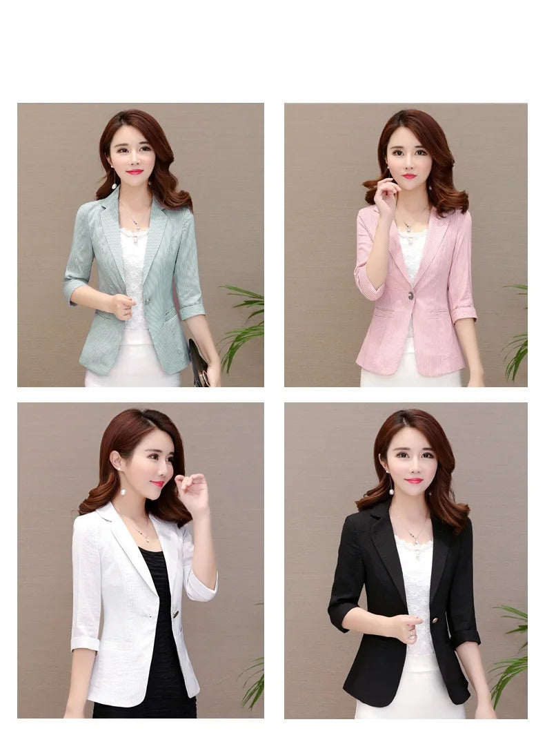Elegant Women's Stripe 3/4 sleeve Suit Jacket 2025 Spring Summer Thin Slim Outwear Single button Female Office Blazer Coat Tops