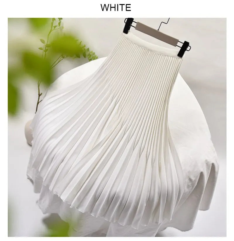 Women's Elegant Solid Color Midi Skirt Korean Female High Waist Fan-shaped Pleated Twill Skirts Faldas 2021 Summer Autumn Sk772