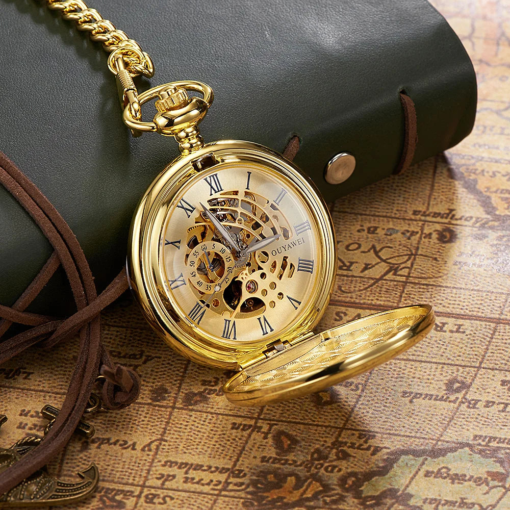 New OYW Brand Stainless Steel Men Fashion Casual Pocket Watch Skeleton dial Silver Hand Wind Mechanical Male Fob Chain Watches