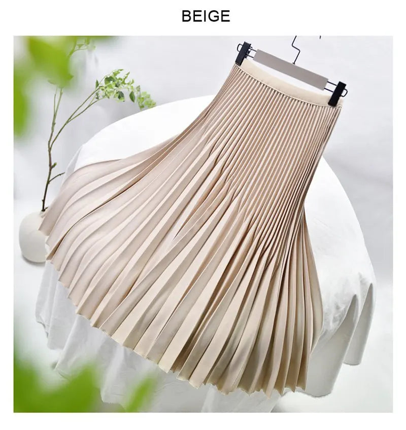 Women's Elegant Solid Color Midi Skirt Korean Female High Waist Fan-shaped Pleated Twill Skirts Faldas 2021 Summer Autumn Sk772