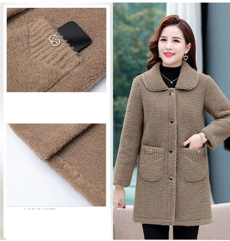 Middle-aged Mothers Faux lamb Wool Coat 2024 Autumn Winter Loose Long-sleeve Outerwear Solid Female Jacket Parkas Casual Tops