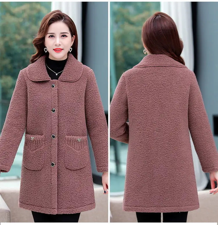 Middle-aged Mothers Faux lamb Wool Coat 2024 Autumn Winter Loose Long-sleeve Outerwear Solid Female Jacket Parkas Casual Tops