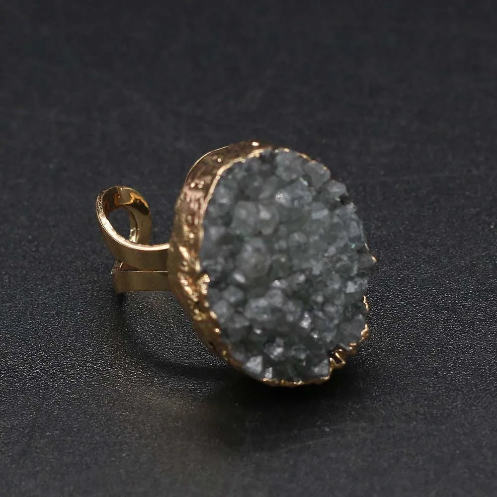Natural Druzy Agates Rings Diamon-Studded Open Finger Rings Irregular Charm Rings for Women Men Party Wedding Jewelry