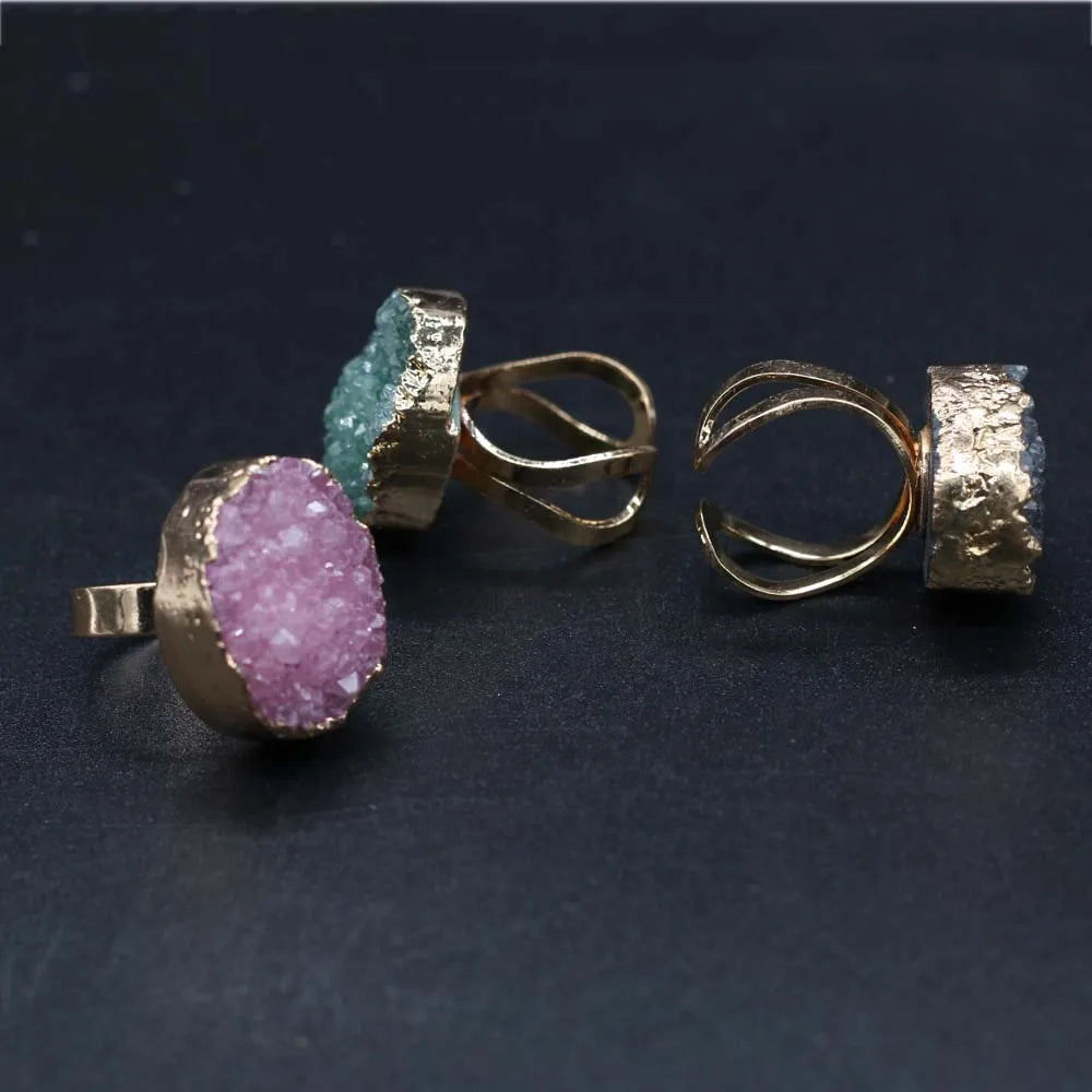 Natural Druzy Agates Rings Diamon-Studded Open Finger Rings Irregular Charm Rings for Women Men Party Wedding Jewelry