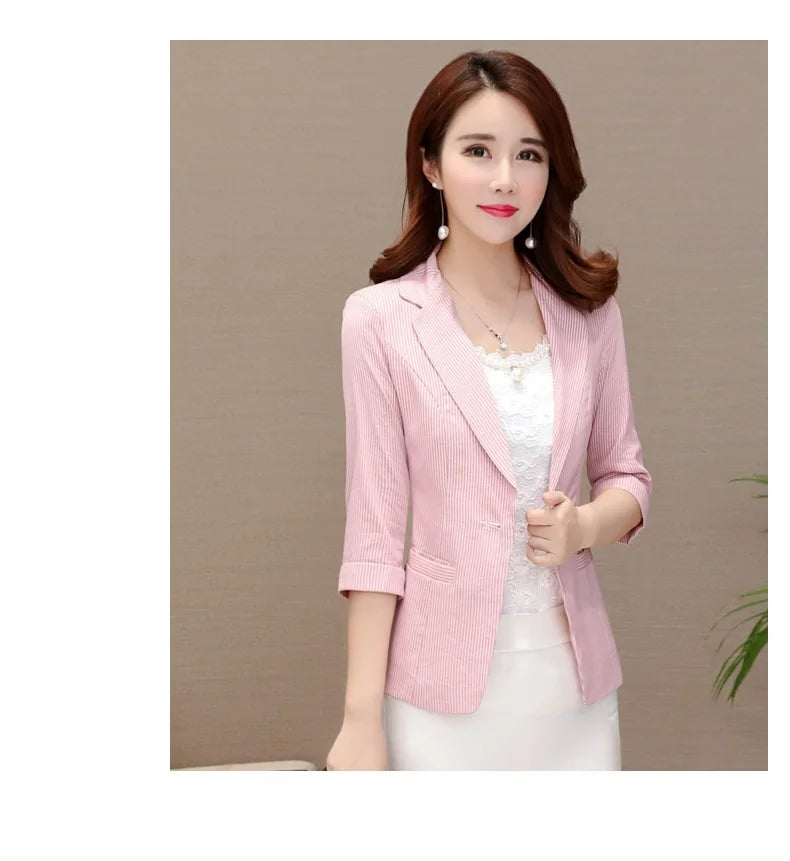 Elegant Women's Stripe 3/4 sleeve Suit Jacket 2025 Spring Summer Thin Slim Outwear Single button Female Office Blazer Coat Tops