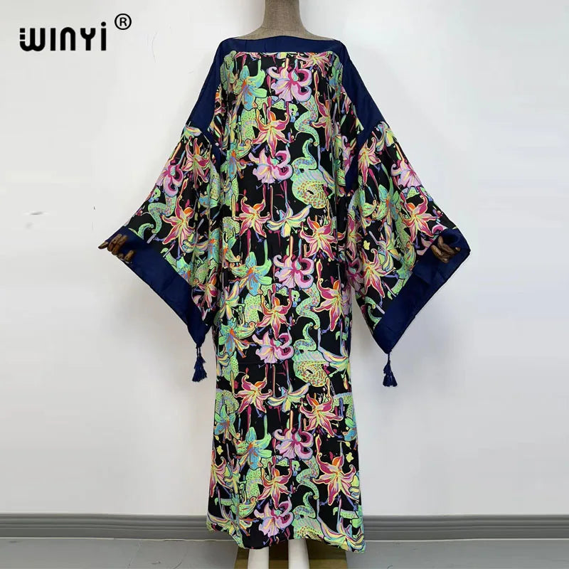 WINYI Cotton feeling robe longue hiver Elegant Long Sleeve african dresses for women Stripe Print Female dresses Vestdios abaya