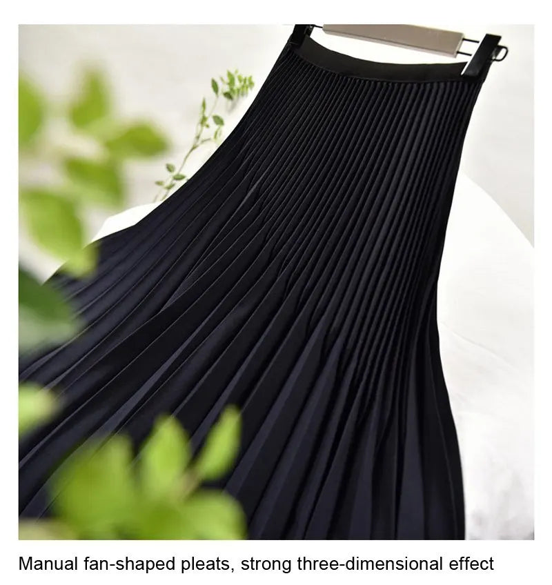 Women's Elegant Solid Color Midi Skirt Korean Female High Waist Fan-shaped Pleated Twill Skirts Faldas 2021 Summer Autumn Sk772