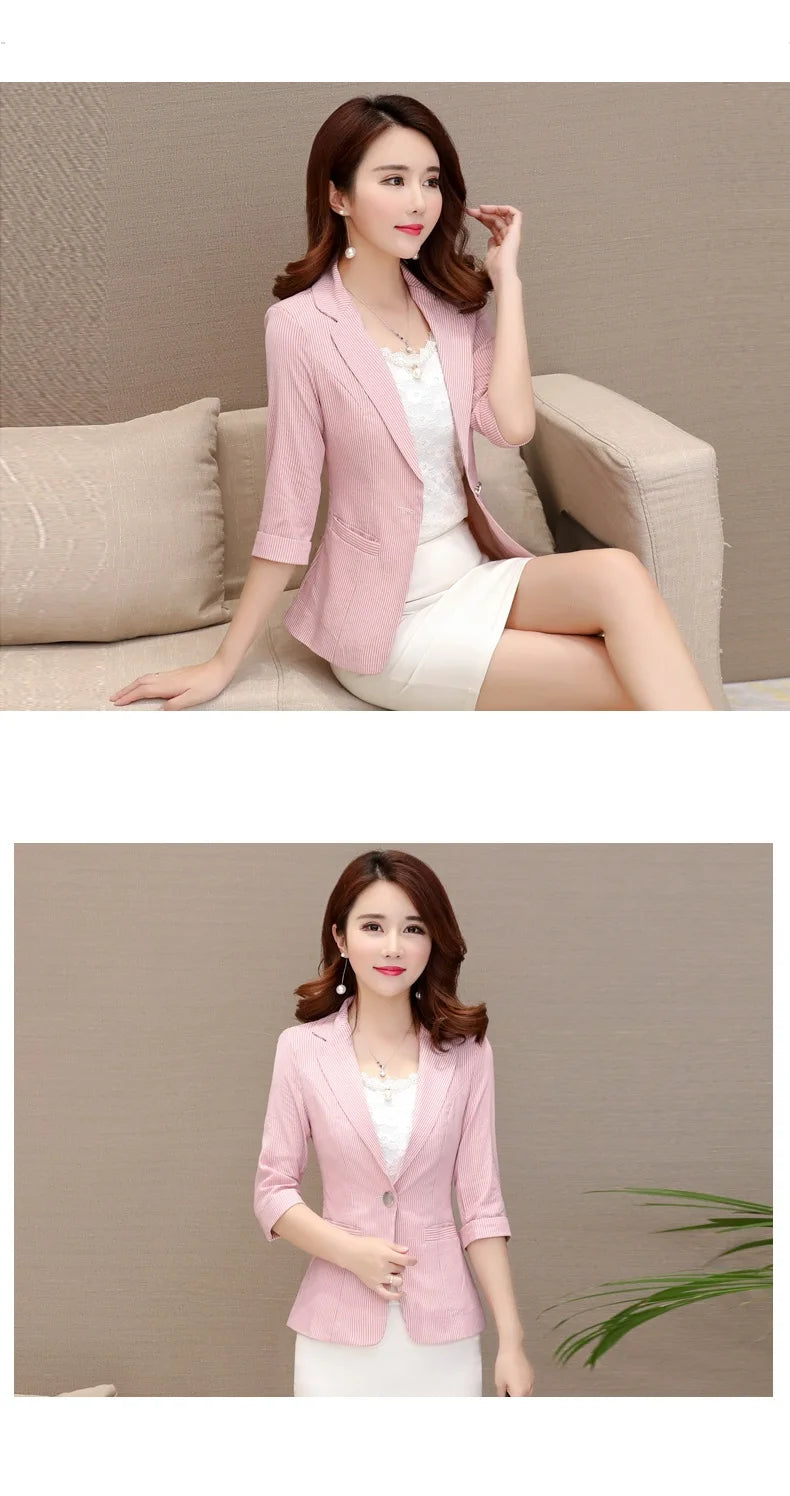 Elegant Women's Stripe 3/4 sleeve Suit Jacket 2025 Spring Summer Thin Slim Outwear Single button Female Office Blazer Coat Tops