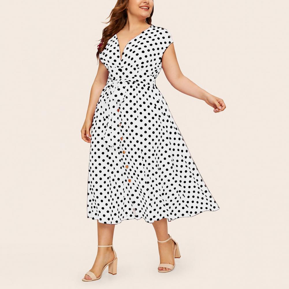 Women Plus Size Dress Polka Dot Print V Neck  Summer Single-breasted Sleeveless Large Hem Dress платье женское vestido mujer