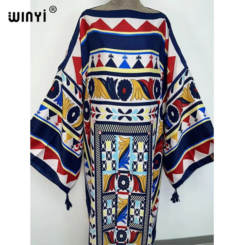 WINYI Cotton feeling robe longue hiver Elegant Long Sleeve african dresses for women Stripe Print Female dresses Vestdios abaya