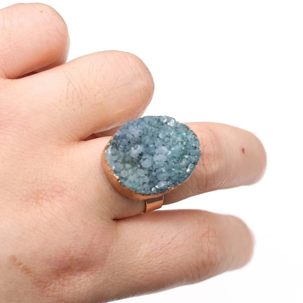 Natural Druzy Agates Rings Diamon-Studded Open Finger Rings Irregular Charm Rings for Women Men Party Wedding Jewelry