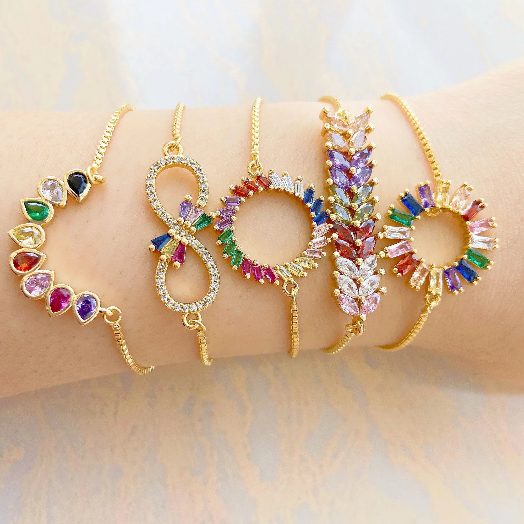 HECHENG 13styles rainbow Adjustable Bracelets CZ Gold color Wholesale geometric design For Women Bling DIY Gift Colorful VS425