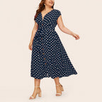 Women Plus Size Dress Polka Dot Print V Neck  Summer Single-breasted Sleeveless Large Hem Dress платье женское vestido mujer