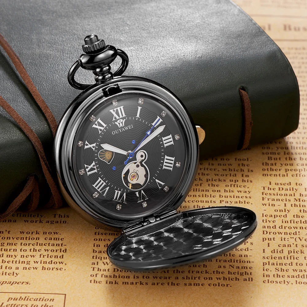 New OYW Brand Stainless Steel Men Fashion Casual Pocket Watch Skeleton dial Silver Hand Wind Mechanical Male Fob Chain Watches