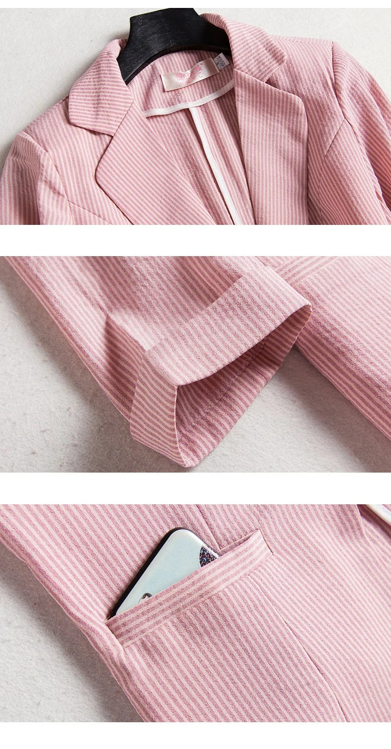 Elegant Women's Stripe 3/4 sleeve Suit Jacket 2025 Spring Summer Thin Slim Outwear Single button Female Office Blazer Coat Tops