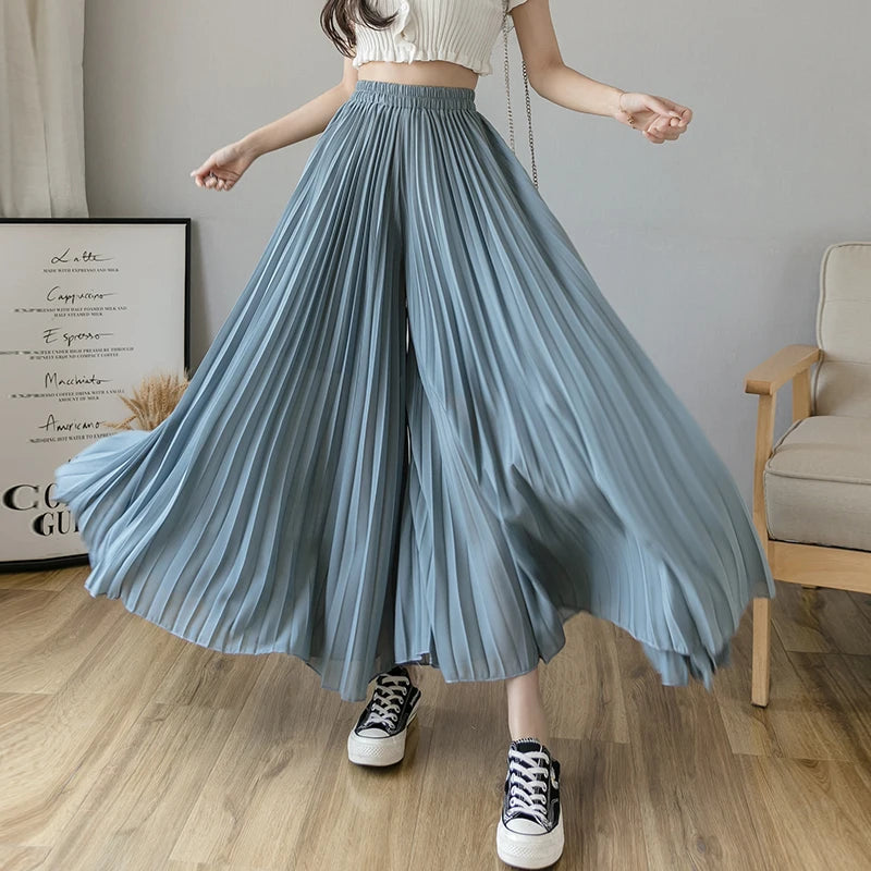 Plus size 6xl Pleated Chiffon Wide Leg Pants Women's High Waist 2023 Summer New Korean Loose Thin Beach Nine Cents Female Hakama