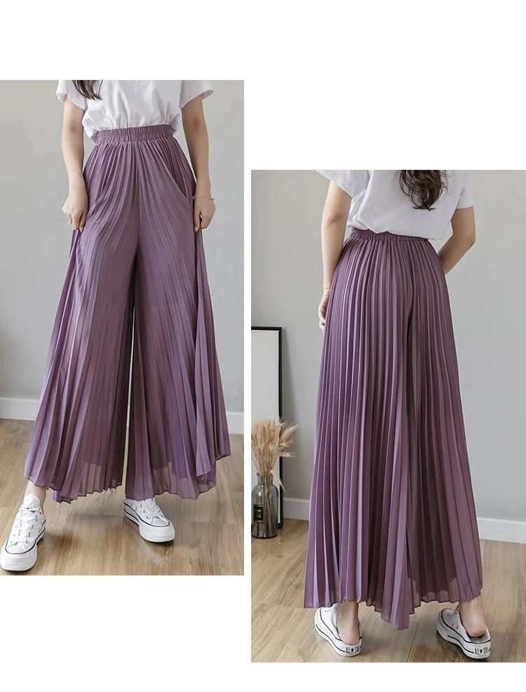 Plus size 6xl Pleated Chiffon Wide Leg Pants Women's High Waist 2023 Summer New Korean Loose Thin Beach Nine Cents Female Hakama