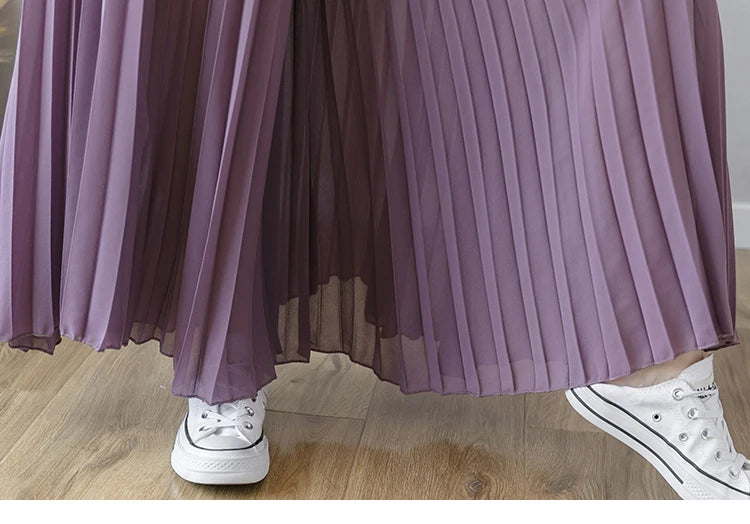 Plus size 6xl Pleated Chiffon Wide Leg Pants Women's High Waist 2023 Summer New Korean Loose Thin Beach Nine Cents Female Hakama