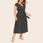 Women Plus Size Dress Polka Dot Print V Neck  Summer Single-breasted Sleeveless Large Hem Dress платье женское vestido mujer