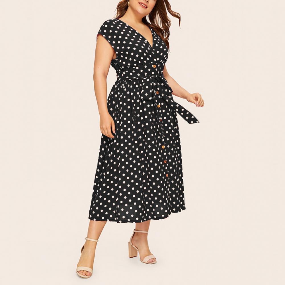 Women Plus Size Dress Polka Dot Print V Neck  Summer Single-breasted Sleeveless Large Hem Dress платье женское vestido mujer